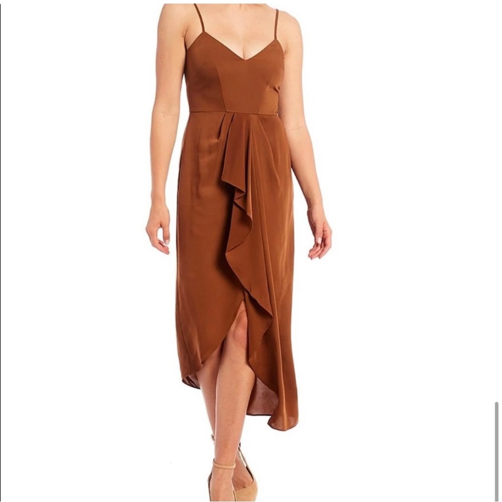 Gianni Bini Monique V-Neck Spaghetti Strap Asymmetrical Hem Midi Dress in Clay